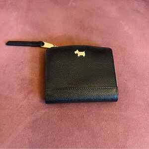 RADLEY LONDON black Pebble Leather Wallet 4x3.5” Zipper White Gold Dots Interior